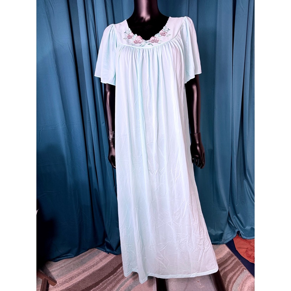 Shadowline Seafoam Green Floral Embroidered Long Nightgown 1X 32280 Nylon Maxi